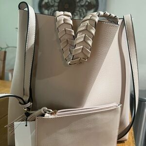 Chic Beige Tote Bag with Braided Handle and matching zipper pouch